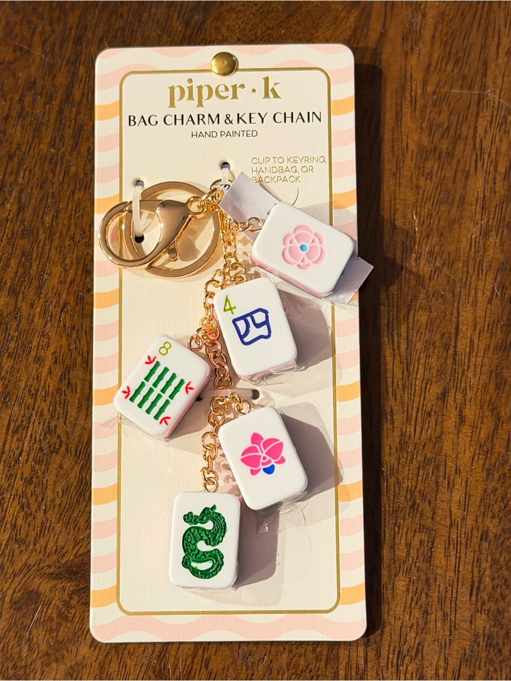 NWT Piper K Gold, Pink, Green & Blue Mahjong Tile Bag Charm Key Chain
